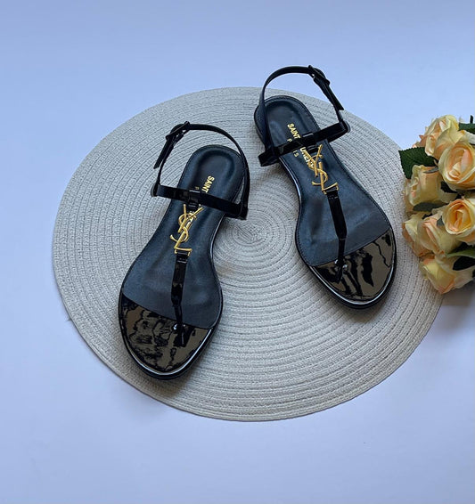 Yves Saint Laurent Cassandra Flat Sandals – Satin & YSL Monogram