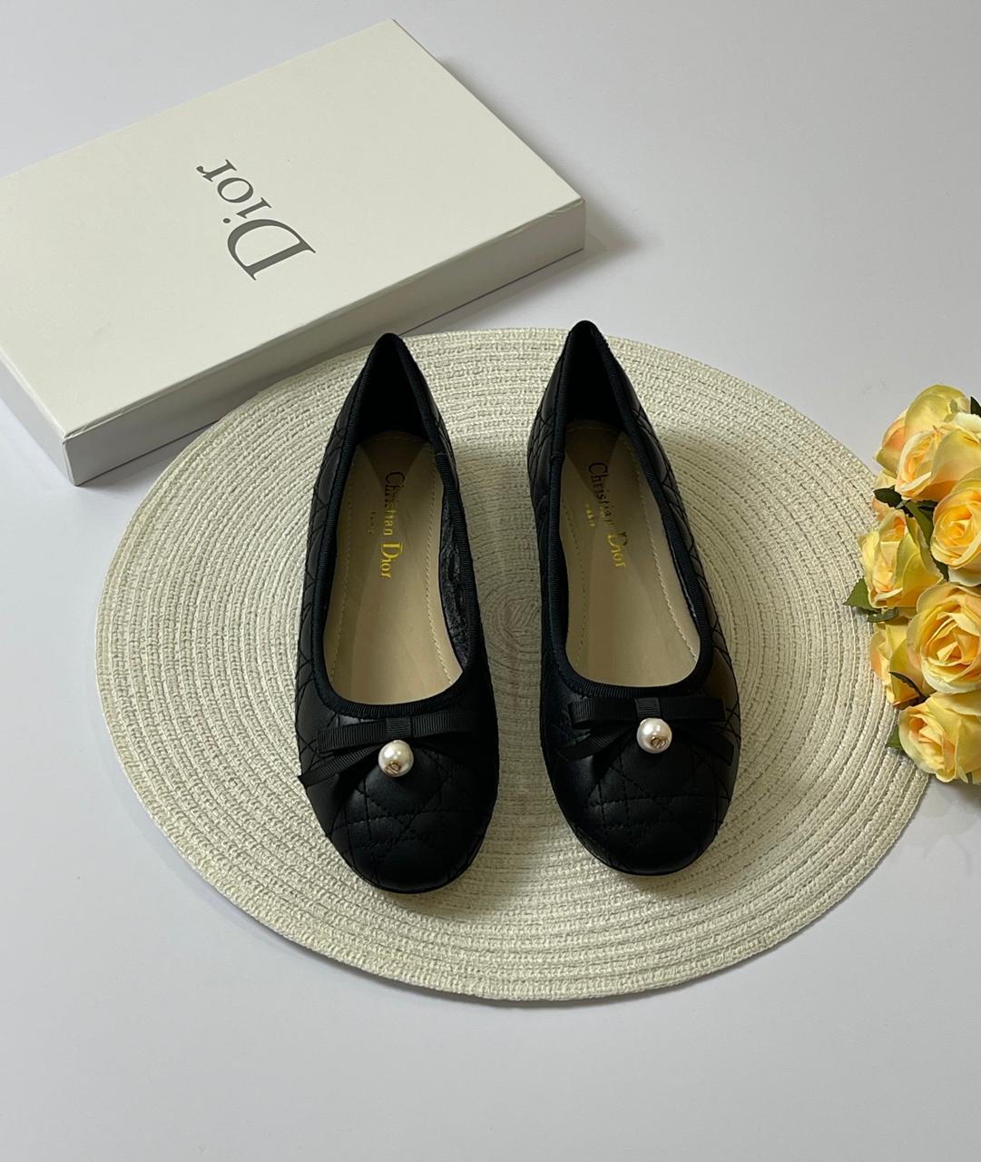 Dior Quilted Cannage Ballet Flats – Elegant Grosgrain Bow & CD Pearl