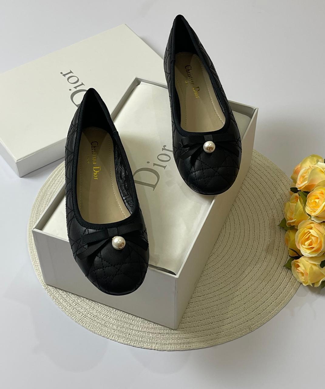 Dior Quilted Cannage Ballet Flats – Elegant Grosgrain Bow & CD Pearl