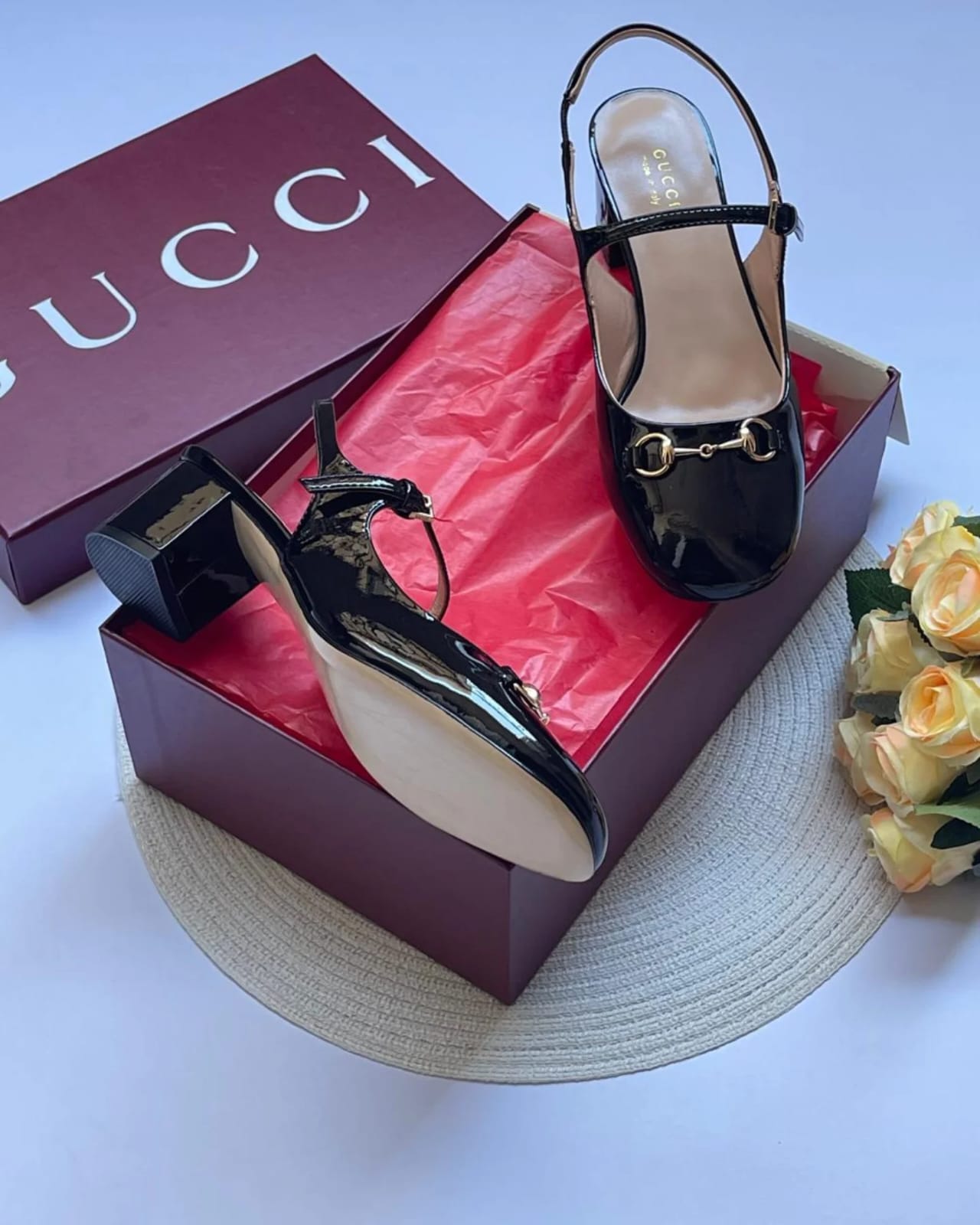 Gucci Horsebit Slingback Pumps – Patent Leather Block Heel Shoes