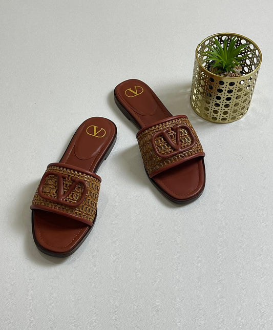 Valentino Garavani VLOGO Slides – Raffia with Leather Detail